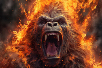 Aufkleber - A digital illustration of a Gorilla engulfed in flames, symbolizing destruction, chaos, or revolution.  Generative AI technology.