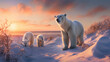 Polar bear family in Canadian Arctic sunset. Generative Ai