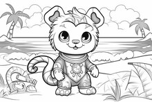 Cute Squirrel , Beach Background, ,kawaii Art Style, Coloring Page For Kids, Black And White Simple Line Design, Plenty Of White Space. Generative AI.