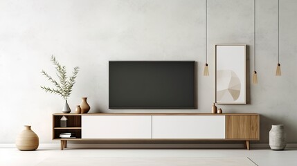 Canvas Print - mock-up of a TV cabinet display in a white, minimalist modern space. Generative AI