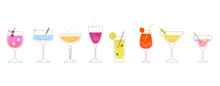Modern Flat Summer Cocktails Collection. Colorful Background With Cocktail Glasses. Celebration Poster Concept And Web Banner.