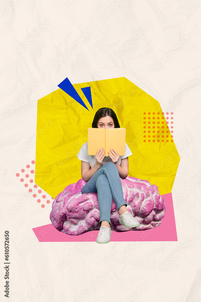 Poster banner collage of nerd geek student lady reading book personal ...