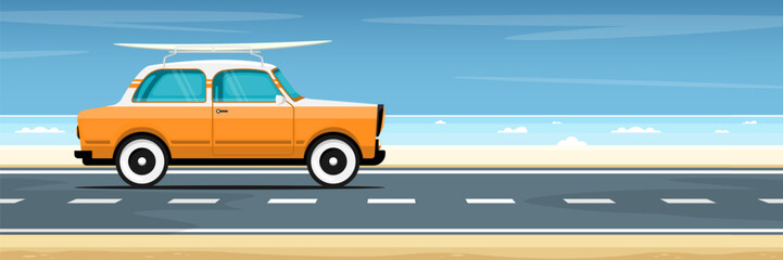 Wall Mural - Cartoon beach scene, Personal car with surfboard on beach road, Digital marketing illustration.