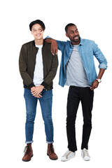 Wall Mural - Happy, friends together and isolated in a png transparent background for support. Partnership or collaboration, positive or happy and male people pose for trendy fashion clothing with confidence