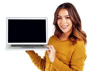 Laptop, screen and woman showing website UI, UX or software isolated in a transparent or png background. Web design, internet and portrait of young person or girl advertising IT technology with smile