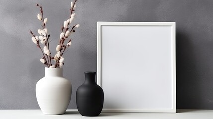 Sticker - Mockup of a frame with dry flowers in modern ceramic vases against a black and white background. poster template, a photo frame. Scandinavian-style decor. Copy space Generative AI