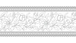 Seamless Border with Rose and Mallow Composition Inspired by Ukrainian Traditional Embroidery. Ethnic Floral Motif, Handmade Craft Art. Ethnic Design. Coloring Book Page. Vector Contour Illustration
