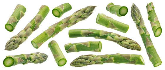 Wall Mural - chopped asparagus isolated white background, full depth of field