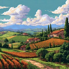 A bit pixel art of the tuscan countryside with no mount, Generative AI.