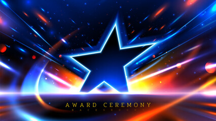 Black star with blue light and gold motion effects and bokeh decorations.