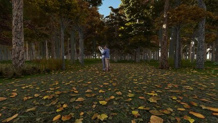 Wall Mural - A couple taking a selfie in the forest in autumntime