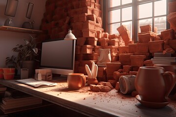 Wall Mural - Modeling of a home office interior with a computer, coffee cup, books, houseplant, and pencil holder. Generative AI