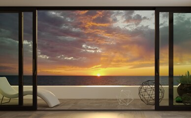 Canvas Print - Wide sliding double door on sea sunset