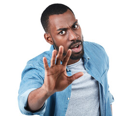 Wall Mural - Portrait, hand and black man with stop sign or warning while standing isolated on a transparent png background. Hands and face of African male person with palm gesture in denial protest, no or reject