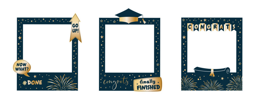 Set of Graduation party photo booth props. Frames with congratulations lettering text. Photobooth vector element. Concept for selfie. Congrats grad quote. Gold and black decoration for celebration