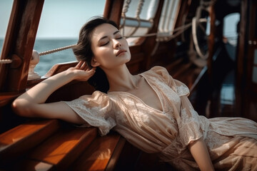 portrait a beautiful hot skinny asian 30s woman lying on the ship and sunbathing wide chest dress background ocean, ai generated