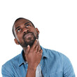 © Adv RT Team Feb/peopleimages.com - Thinking, creative and black man isolated on a transparent, png background for ideas, decision and planning. Mind, creativity and thoughtful person or entrepreneur with search, choice or looking up