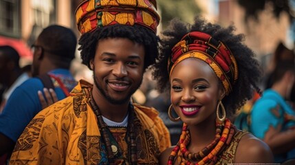 beautiful african american woman in traditional dress and handsome black man smiling and looking at 