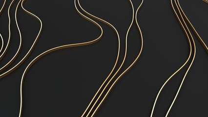 Wall Mural - 3d abstract black background and curvy fashion golden lines. 3d rendering