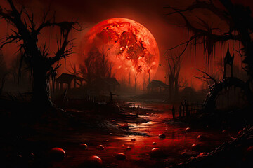 Wall Mural - sinister halloween night scene with a red moon, blood river and creepy trees, Generative AI