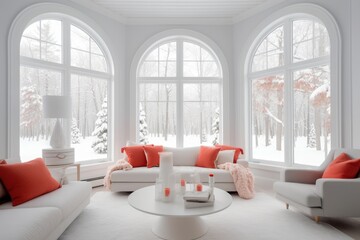 Sticker - Large windows and a room painted a bright, cheerful white. decorative frames for walls. Generative AI