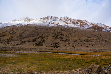 Wall Mural - A small stream flows through the grassy fields at the foot of the mountain near Tso Kar, Thukje, Ladakh, India