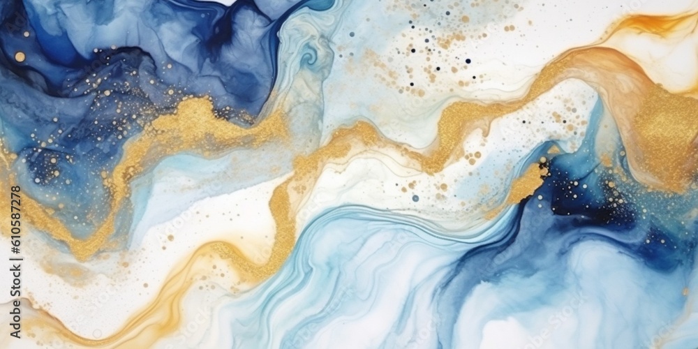 Abstract blue and gold marble texture with gold splashes, blue luxury ...