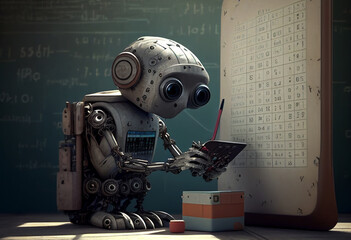 Wall Mural - humanoid robot student in front of a school classroom chalkboard while machine learning mathematics 