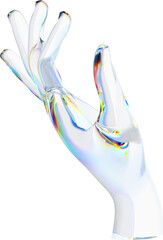 Wall Mural - 3d glass hand with dispersion transparent background. Rainbow reflex on a glass arm