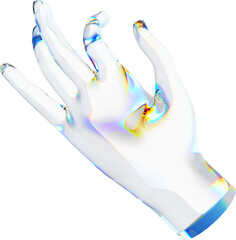 Poster - 3d glass hand with dispersion transparent background. rainbow reflex on a glass arm