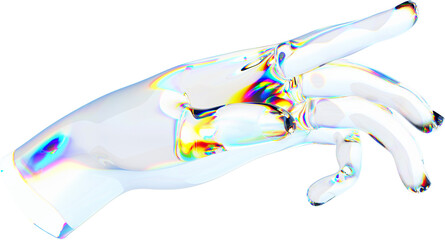 Wall Mural - 3d glass hand with dispersion transparent background. Rainbow reflex on a glass arm