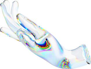 Wall Mural - 3d glass hand with dispersion transparent background. Rainbow reflex on a glass arm