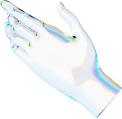 Wall Mural - 3d glass hand with dispersion transparent background. Rainbow reflex on a glass arm