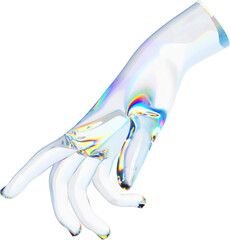 Wall Mural - 3d glass hand with dispersion transparent background. Rainbow reflex on a glass arm