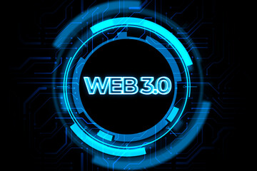 Future of the internet and innovation concept with blue web 3.0 glowing sign and abstract technological hologram on dark blue background with circuit, 3D Rendering