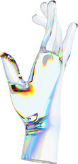 Wall Mural - 3d glass hand with dispersion transparent background. Iridescent reflex on a glass arm