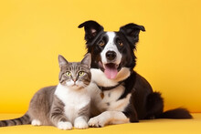 Grey Striped Tabby Cat And A Border Collie Dog With Happy Expression Together On Yellow Background