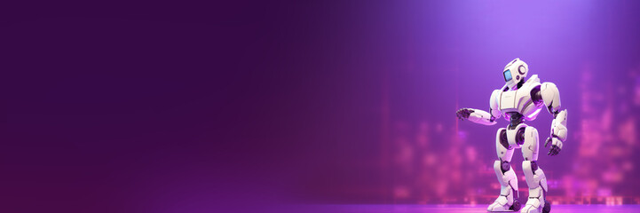 white robot isolated on purple background, banner, generative ai
