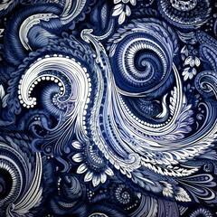 A blue Paisley pattern with a detailed contour and ornaments, outline. Generative AI