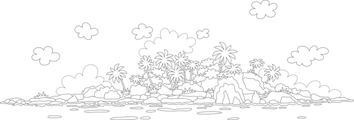 Small desert island with rocks and palms in a tropical sea, black and white vector illustration in a cartoon style for a coloring book