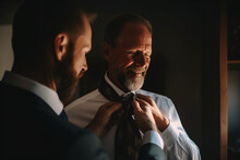 The Groom's Father Adjusting His Son's Tie With Pride. Wedding, Preparations For The Wedding, Bokeh Generative AI