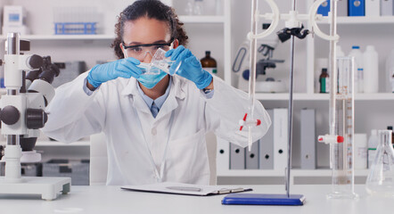 Wall Mural - lab worker, woman scientist and chemical pour of a employee with science work. laboratory, medical t
