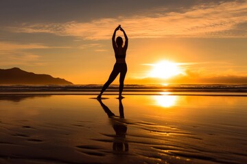 Wall Mural - Sunset Yoga: Woman Practicing Yoga on a Serene Beach during the Golden Hour. Generative Ai