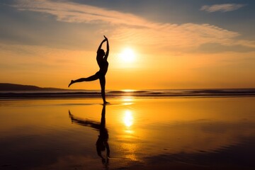 Wall Mural - Sunset Yoga: Woman Practicing Yoga on a Serene Beach during the Golden Hour. Generative Ai