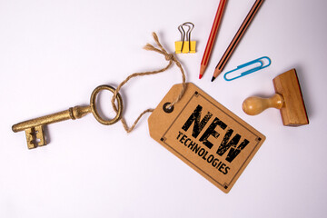Wall Mural - New Technologies Concept. Price tag with text and golden key on white background