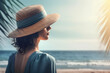 © Marcela Ruty Romero - Summer beach vacation concept. Woman with hat relaxing at the seaside and looking away. Generative AI