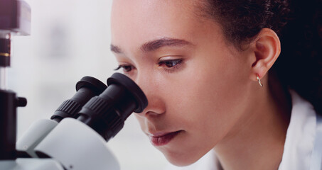 Wall Mural - science, face and microscope with woman in laboratory for expert research, medical and planning. tes