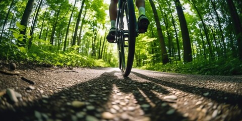 Wall Mural - AI Generated. AI Generative. Photo Illustration of mountain bike cycle sport fit cardio going on green nature outdoor beautiful wild race forest landscape. Graphic Art