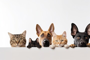 Wall Mural - Cute peeking cats and dogs with hanging paws over white horizontal banner. Generative AI