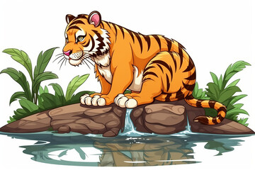 Wall Mural - Tiger drinking water at the river, Generative AI